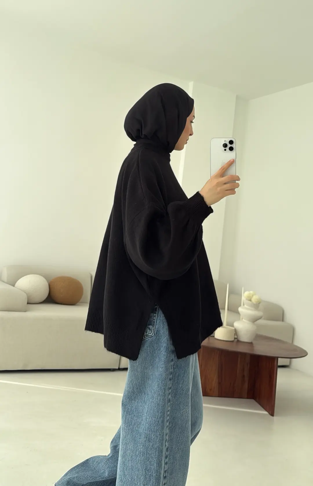 Yırtmaç Detay Balon Kol Kazak Siyah