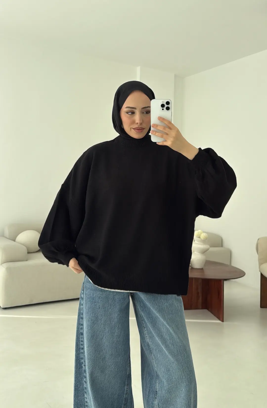 Yırtmaç Detay Balon Kol Kazak Siyah - Görsel 7