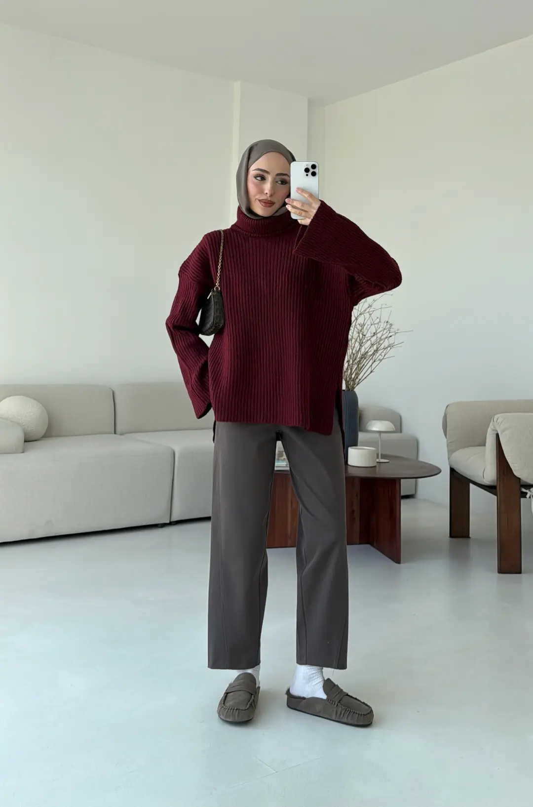 Yırtmaç Detay Flare Triko Kazak Bordo - Görsel 2