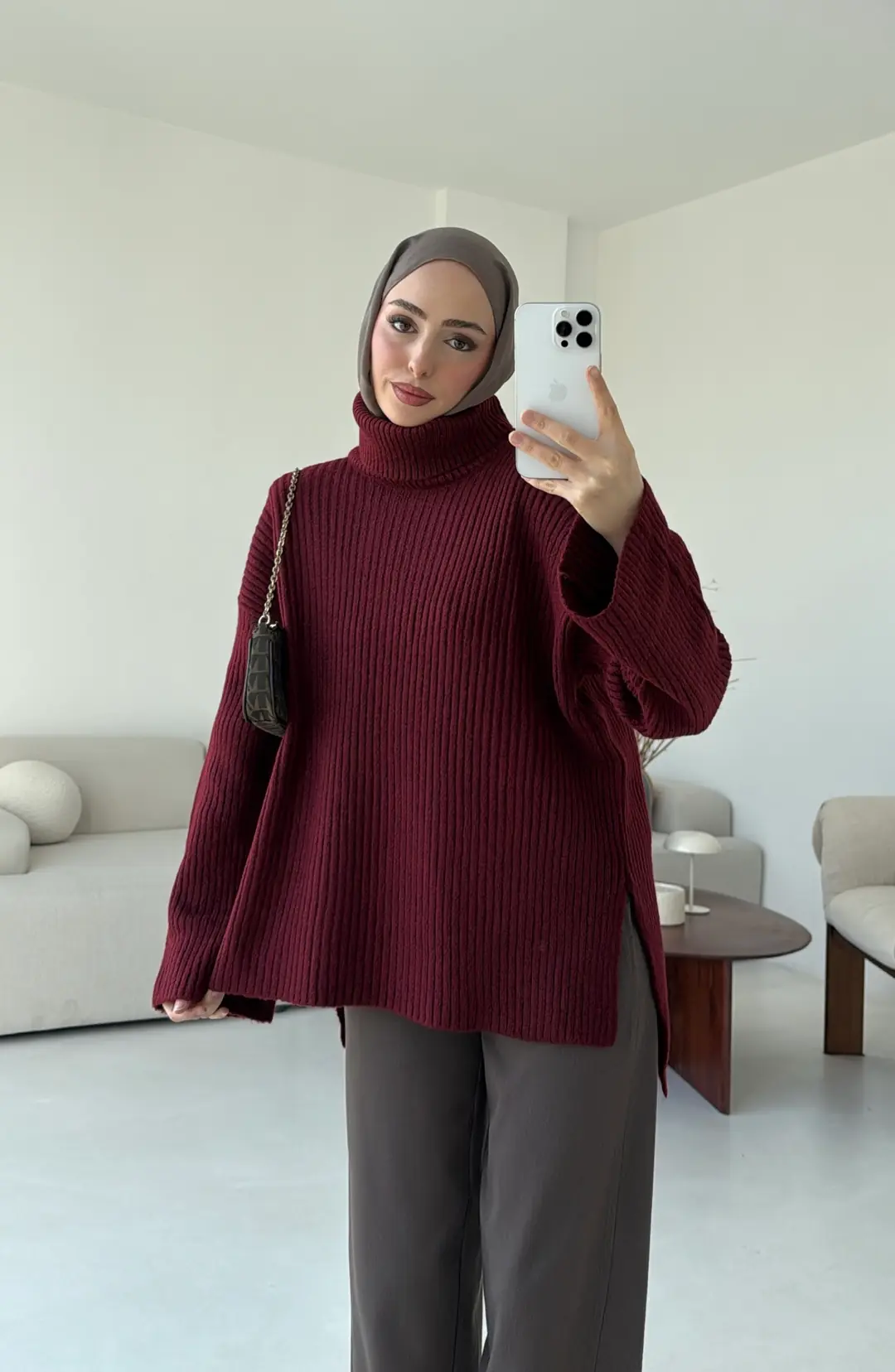 Yırtmaç Detay Flare Triko Kazak Bordo - Görsel 3