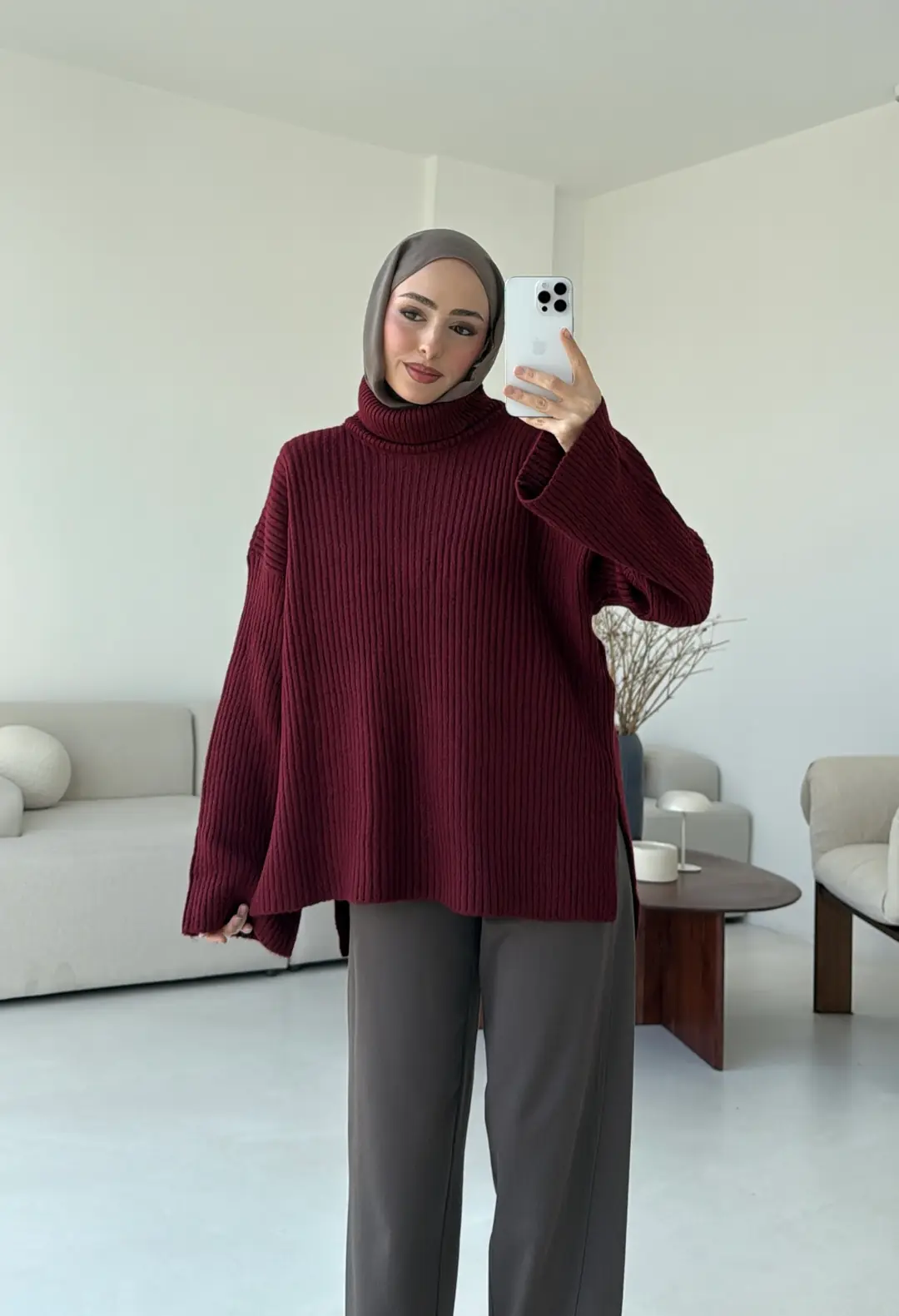 Yırtmaç Detay Flare Triko Kazak Bordo - Görsel 4