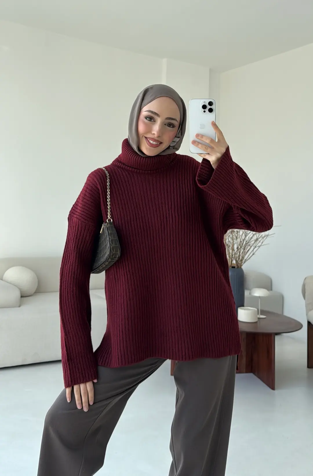 Yırtmaç Detay Flare Triko Kazak Bordo - Görsel 5