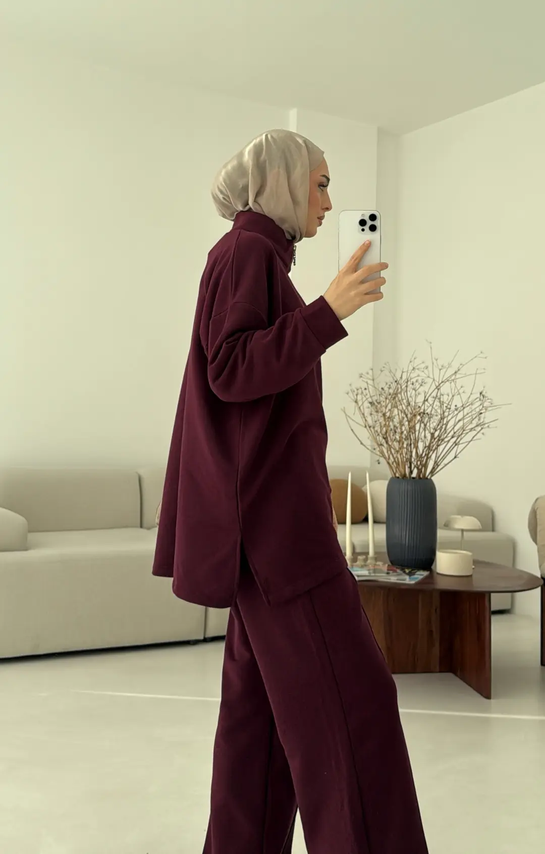 Yüksek Yaka Fermuarlı Takım Bordo - Görsel 2