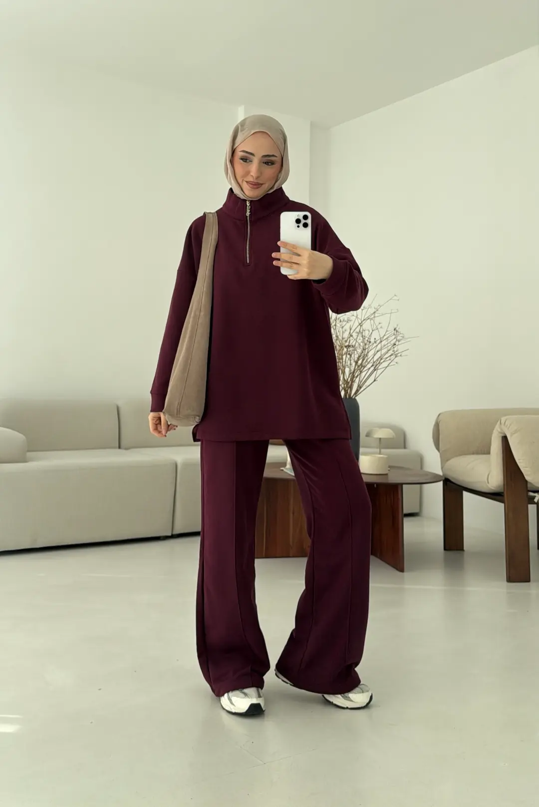 Yüksek Yaka Fermuarlı Takım Bordo - Görsel 3