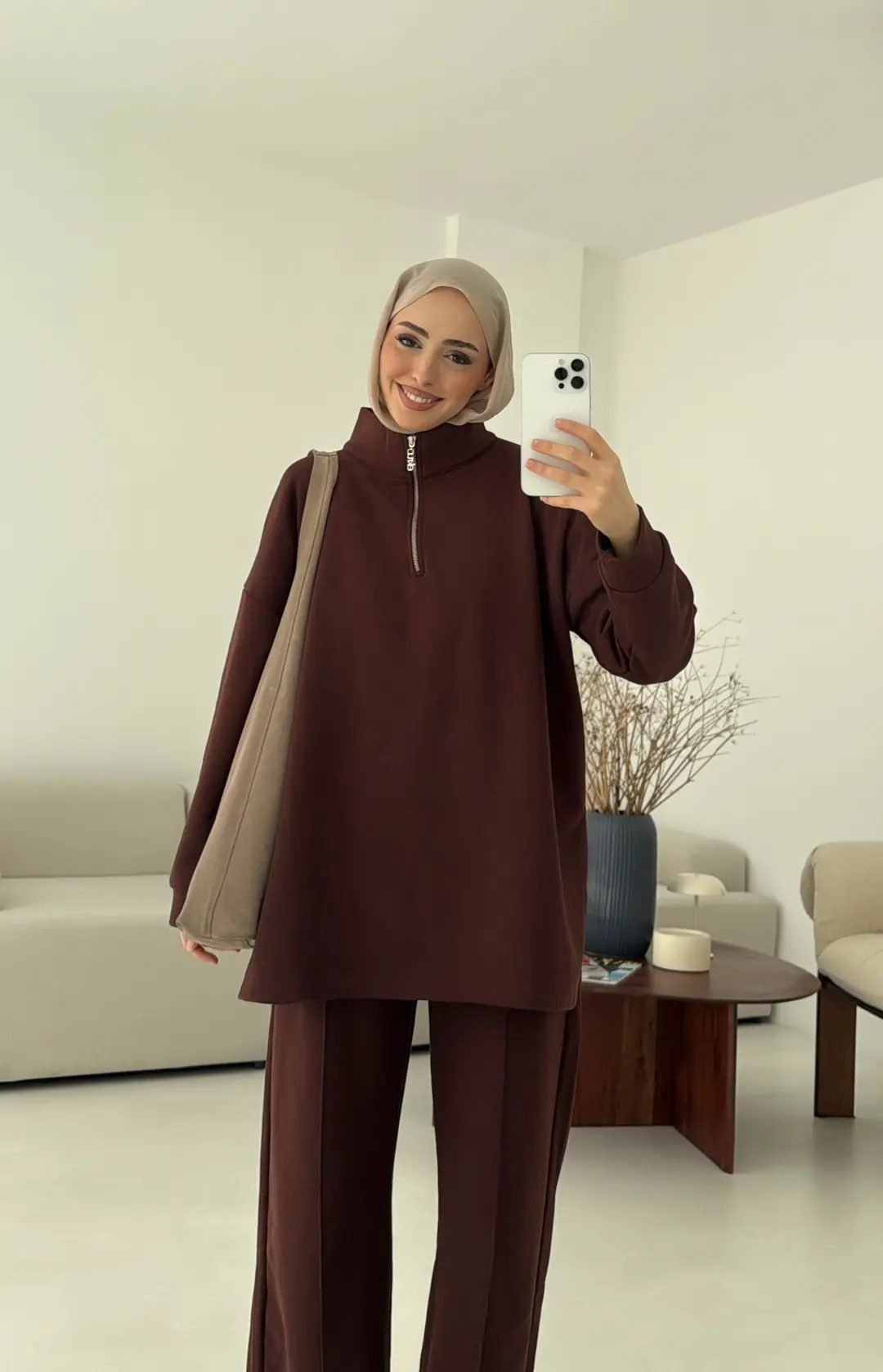 Yüksek Yaka Fermuarlı Takım Kahve - Görsel 2