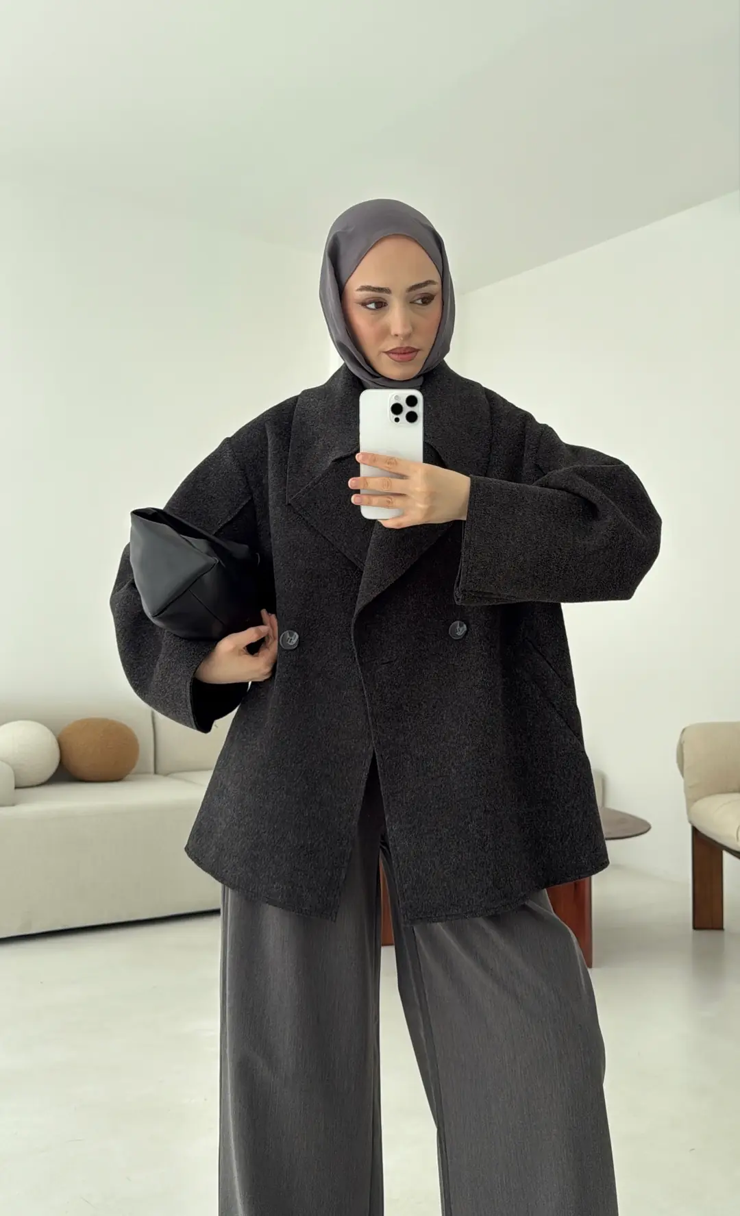 Yumuşak Şal Yaka Kaban Antrasit - Görsel 3