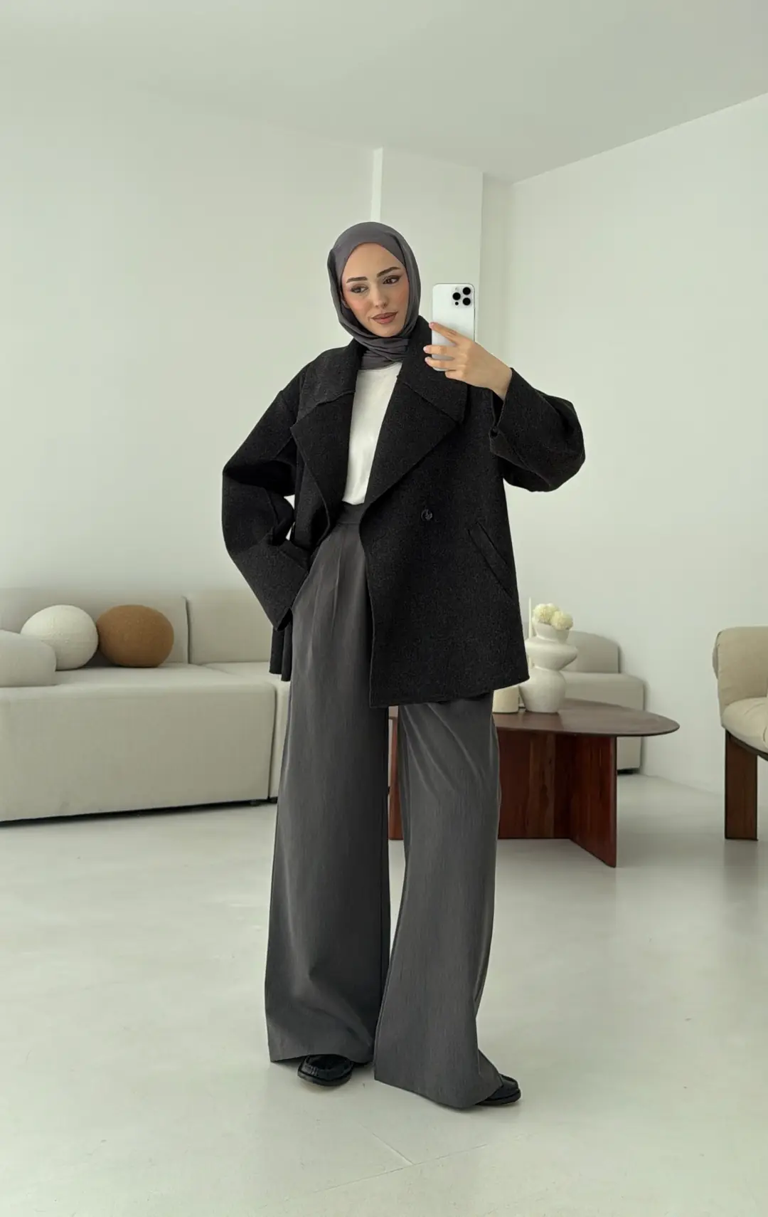 Yumuşak Şal Yaka Kaban Antrasit - Görsel 8