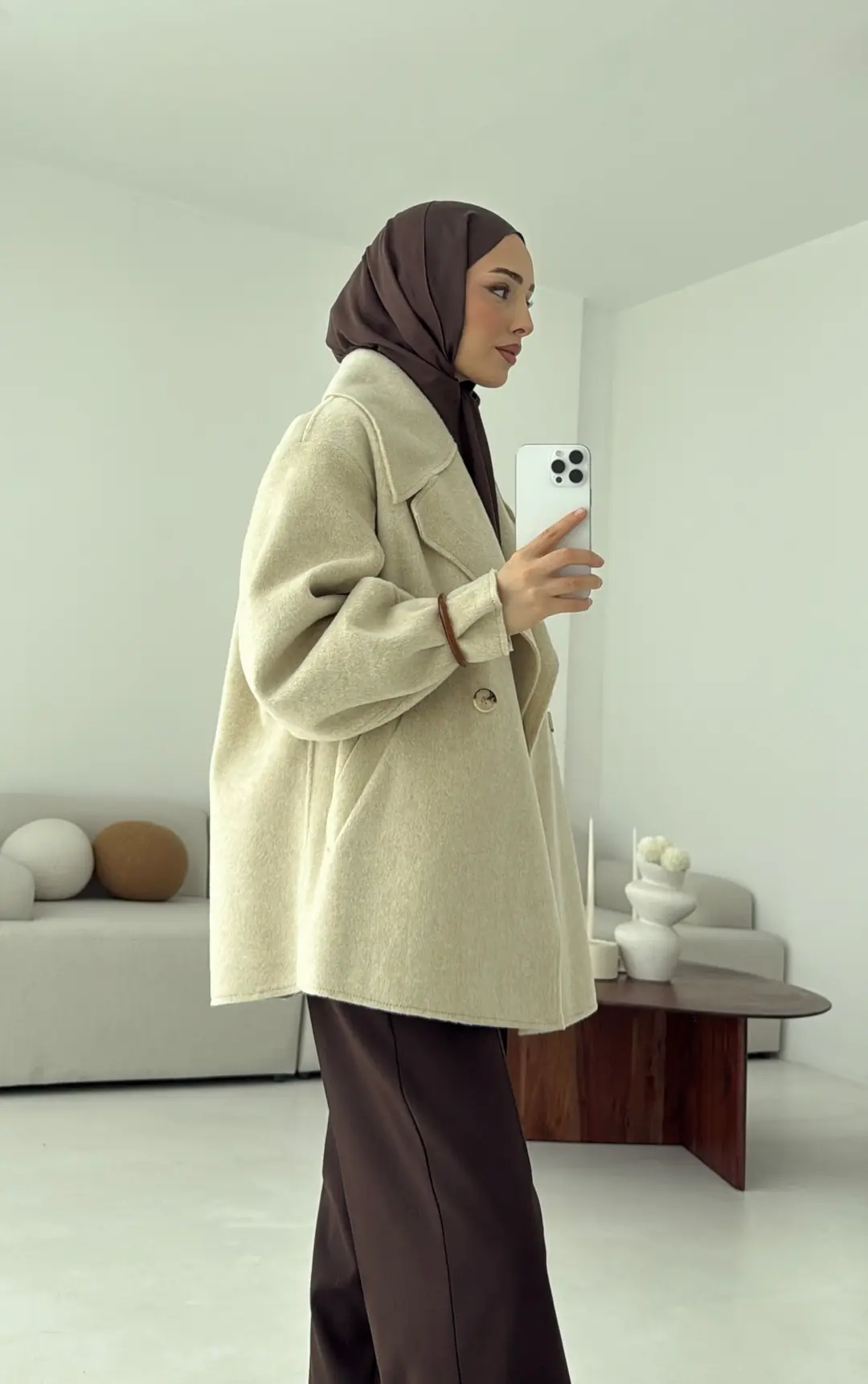 Yumuşak Şal Yaka Kaban Bej - Görsel 2