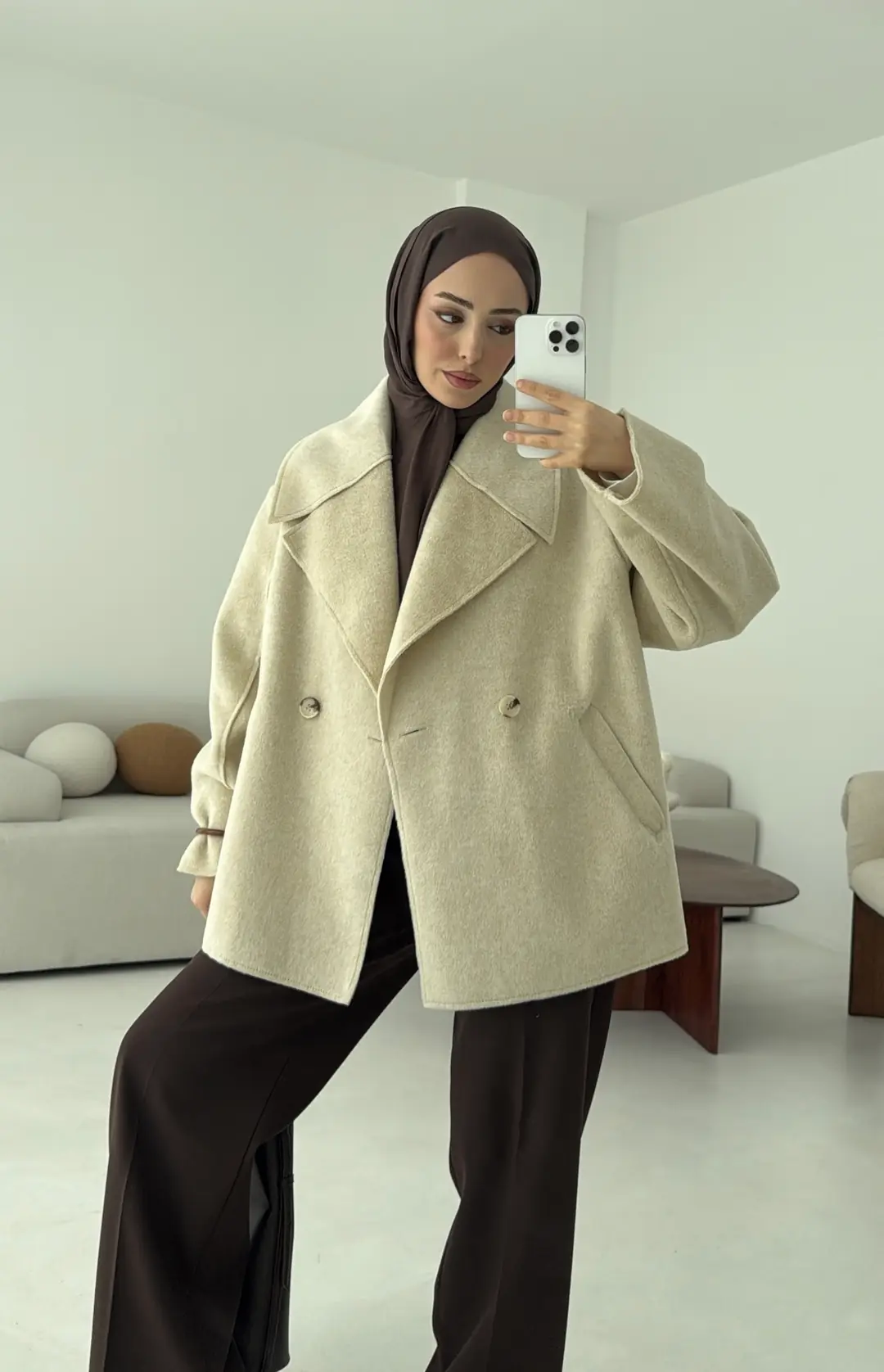 Yumuşak Şal Yaka Kaban Bej - Görsel 4