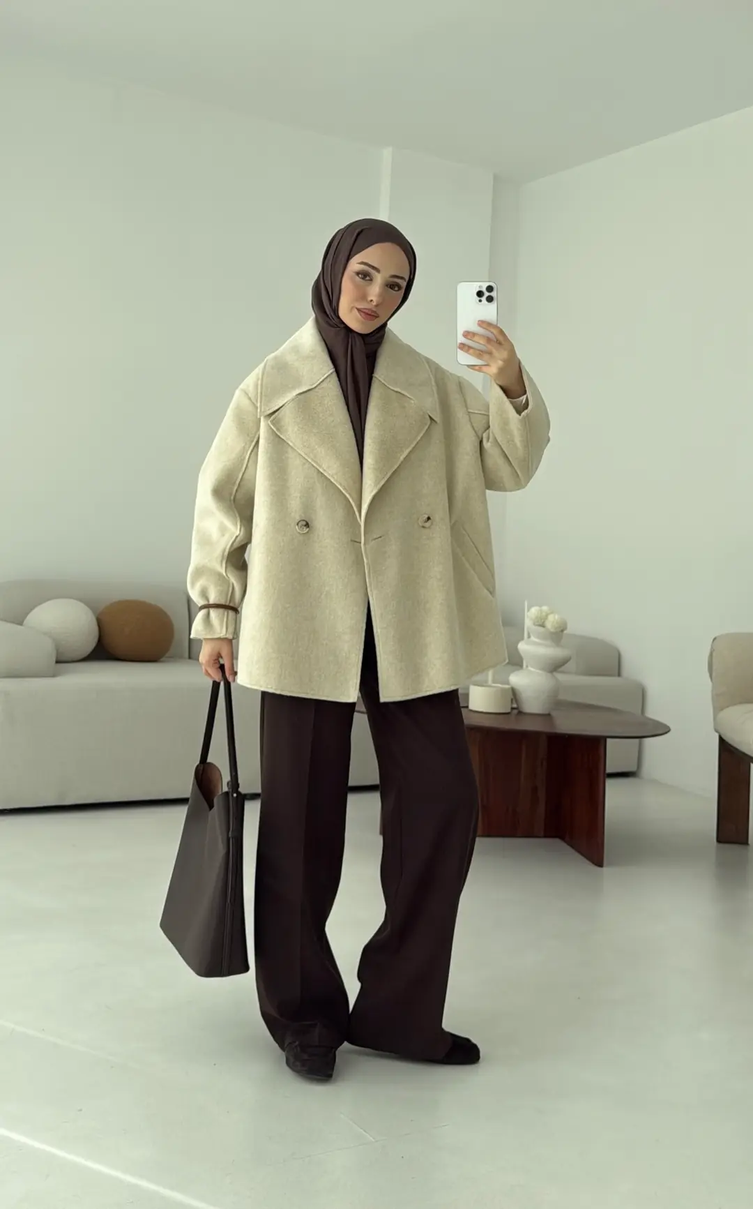 Yumuşak Şal Yaka Kaban Bej - Görsel 6