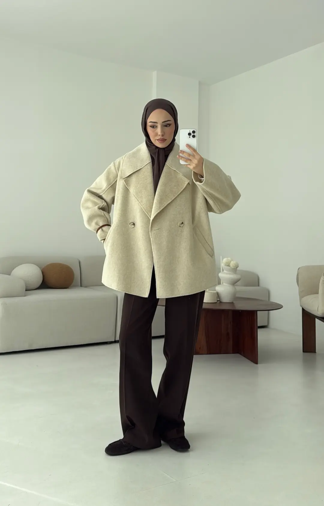 Yumuşak Şal Yaka Kaban Bej - Görsel 8